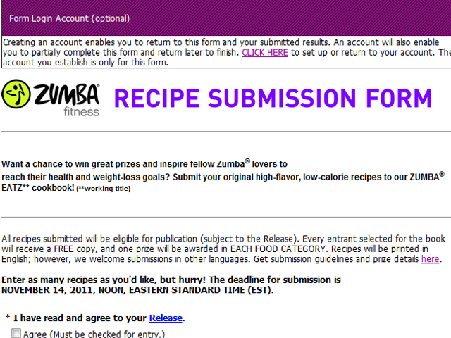 a cookbook for zumba lovers recipe submission form